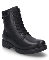 De zwarte laars is gemaakt van gestructureerd leer en heeft een robuuste vetersluiting. De schoen heeft een dikke profielzool voor extra grip en comfort.