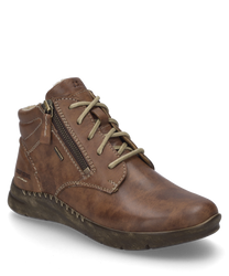 Cognacfarbene Stiefelette mit Schnürung aus Leder mit Fellfutter. Besondere Merkmale sind der seitliche Reißverschluss und die kontrastierenden Nähte.