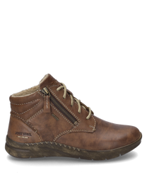 Cognacfarbene Stiefelette mit Schnürung aus Leder mit Fellfutter. Besondere Merkmale sind der seitliche Reißverschluss und die kontrastierenden Nähte.