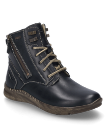 Die schwarze Stiefelette aus Leder hat eine sichtbare Schnürung und dekorative Reißverschlüsse an der Seite. Der Schuh ist mit einer beigen strukturierten Sohle versehen und zeigt kontrastierende Nähte für einen stilvollen Look.