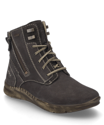 La bota en color titanio está hecha de material resistente y cuenta con un sistema de cordones y un cierre de cremallera lateral. Las características especiales son las costuras en contraste y la suela perfilada para un mejor agarre.