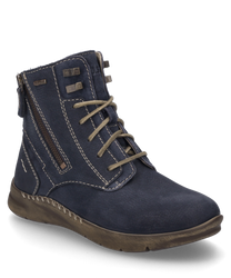 L'ankle boot nel colore Ocean è realizzata in un materiale robusto con cuciture chiare e una chiusura con lacci. Caratteristiche particolari sono la cerniera laterale e la suola leggermente profilata in contrasto.