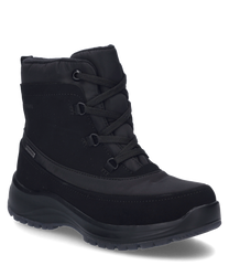 The black boot is made from a robust material and features lacing as a closure. It is characterized by a simple functional design ideal for cold days.
