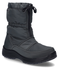 Ein anthrazitfarbener Stiefel mit Reißverschluss gefertigt aus einem glatten wetterfesten Material. Der Stiefel hat eine robuste Sohle und eine dezente Markenapplikation an der Seite.