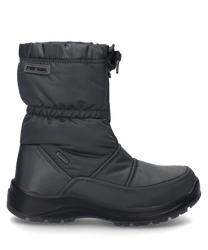 Ein anthrazitfarbener Stiefel mit Reißverschluss gefertigt aus einem glatten wetterfesten Material. Der Stiefel hat eine robuste Sohle und eine dezente Markenapplikation an der Seite.