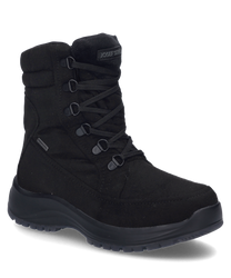 The black boot is made of a sturdy material and features lacing as a closure. Special features include the grippy sole and durable workmanship.