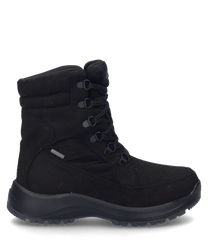The black boot is made of a sturdy material and features lacing as a closure. Special features include the grippy sole and durable workmanship.