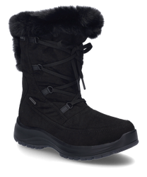 Der schwarze Stiefel ist aus einem weichen Material gefertigt und verfügt über eine Schnürung als Verschluss. Besondere Merkmale sind der flauschige Kunstfellbesatz am Schaft und die robuste Sohle für optimalen Halt.