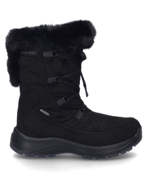 Der schwarze Stiefel ist aus einem weichen Material gefertigt und verfügt über eine Schnürung als Verschluss. Besondere Merkmale sind der flauschige Kunstfellbesatz am Schaft und die robuste Sohle für optimalen Halt.