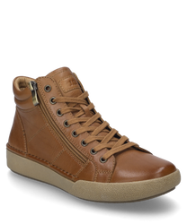 Der Sneaker in der Farbe Camel ist aus glattem Leder gefertigt und verfügt über eine Schnürung sowie einen seitlichen Reißverschluss. Die helle Gummisohle verleiht dem Schuh einen modernen und sportlichen Look.