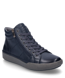 Baskets indigo en cuir avec lacets et fermeture éclair latérale. La chaussure a une semelle grise et un design simple et moderne.