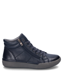 Baskets indigo en cuir avec lacets et fermeture éclair latérale. La chaussure a une semelle grise et un design simple et moderne.