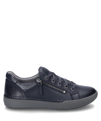 The sneaker in indigo color is made of smooth leather and features lacing as well as a side zipper. The gray sole complements the design with a sporty look.