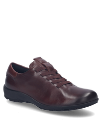 Der Halbschuh ist aus bordeauxfarbenem Leder gefertigt und besitzt eine Schnürung als Verschluss. Die glatte Oberfläche und die robuste Sohle machen ihn ideal für den täglichen Gebrauch.