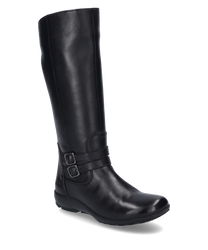 Stivale nero con zip realizzato in pelle liscia. Lo stivale ha due fibbie decorative sul lato.