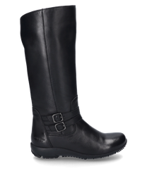 Stivale nero con zip realizzato in pelle liscia. Lo stivale ha due fibbie decorative sul lato.