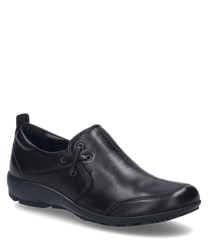 Ein eleganter schwarzer Halbschuh aus glattem Leder mit Gummizug als Verschluss. Der Schuh hat eine dezente Nahtverzierung und eine robuste profilierte Sohle für optimalen Halt.