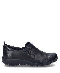 Ein eleganter schwarzer Halbschuh aus glattem Leder mit Gummizug als Verschluss. Der Schuh hat eine dezente Nahtverzierung und eine robuste profilierte Sohle für optimalen Halt.