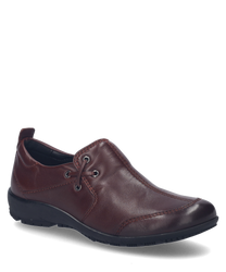 Ein bordeauxfarbener Halbschuh aus Leder mit Gummizugverschluss. Der Schuh hat dekorative Nähte und eine schwarze profilierte Sohle.