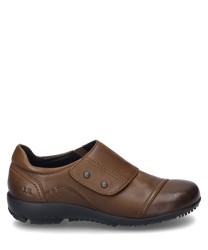 Der Halbschuh in der Farbe Cognac besteht aus hochwertigem Leder und verfügt über einen praktischen Klettverschluss. Das schlichte Design wird durch dezente Ziernähte und eine robuste schwarze Sohle ergänzt.