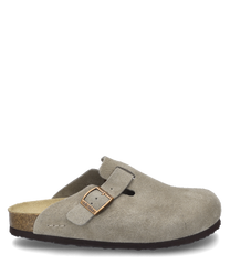 De taupe kleurige clog is gemaakt van suede en heeft een decoratieve gesp als sluiting. Het lichtbruine licht gestructureerde oppervlak geeft de schoen een klassieke uitstraling.