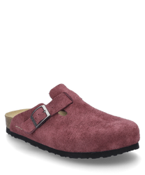 Der Clog in der Farbe Berry besteht aus einem weichen veloursartigen Material und verfügt über eine silberne Schnalle als Verschluss. Die Außensohle ist schwarz was dem Schuh einen klassischen Look verleiht.
