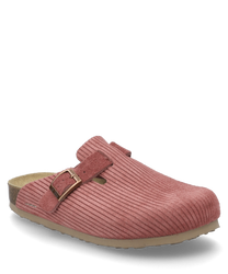 Sabot rose ancien avec boucle. La chaussure a un motif côtelé et une semelle intérieure confortable.