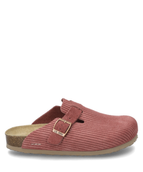 Sabot rose ancien avec boucle. La chaussure a un motif côtelé et une semelle intérieure confortable.
