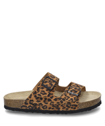 La sandalo con motivo leopardato è realizzato in un materiale morbido con due fibbie regolabili. La suola marrone chiaro offre ulteriore comfort e un aspetto elegante.