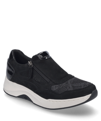 A black sneaker with a zipper closure featuring a mix of smooth and textured materials. The shoe has a slightly elevated white sole for added comfort.