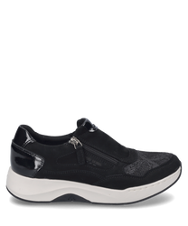 A black sneaker with a zipper closure featuring a mix of smooth and textured materials. The shoe has a slightly elevated white sole for added comfort.