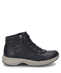 Black sneaker with lacing and side zipper made of smooth leather. The shoe features a padded ankle area and a beige non-slip sole.