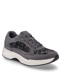 This sneaker in asphalt combination color is made of suede with textile inserts and features lacing. The white sole stylishly contrasts with the dark upper material.