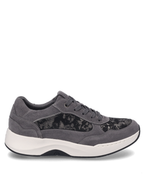This sneaker in asphalt combination color is made of suede with textile inserts and features lacing. The white sole stylishly contrasts with the dark upper material.