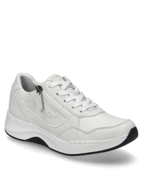 White sneakers with lacing and a side zipper made from smooth leather. The shoe features a rounded toe and a thick contrasting sole for added comfort.