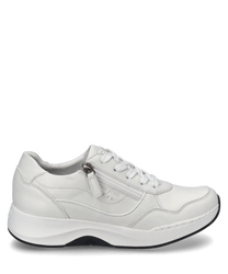 White sneakers with lacing and a side zipper made from smooth leather. The shoe features a rounded toe and a thick contrasting sole for added comfort.