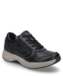 The black sneaker is made of smooth leather with lacing and a side zipper. The sole is in a contrasting beige giving the shoe a modern look.