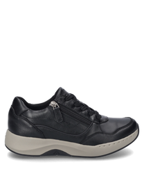 The black sneaker is made of smooth leather with lacing and a side zipper. The sole is in a contrasting beige giving the shoe a modern look.