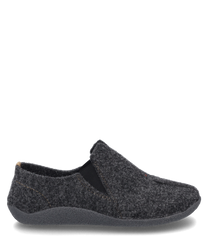 Le chausson est de couleur anthracite élégante et est fabriqué à partir d'un matériau doux et feutré. Il dispose d'un élastique pratique pour un enfilage et un retrait faciles.