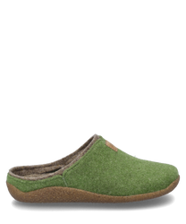 Le chausson combiné vert est fabriqué en un tissu doux et vert clair avec un doublure intérieure marron et n'a pas de fermeture. Il se distingue par une semelle plate de couleur naturelle qui assure le confort.