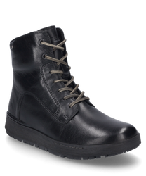 Die schwarze Stiefelette aus glänzendem Leder verfügt über eine Schnürung und einen dezenten stabilen Absatz. Der Schuh hat eine glatte Oberfläche und ist ideal für einen eleganten und dennoch lässigen Look.