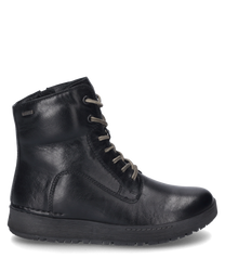 Die schwarze Stiefelette aus glänzendem Leder verfügt über eine Schnürung und einen dezenten stabilen Absatz. Der Schuh hat eine glatte Oberfläche und ist ideal für einen eleganten und dennoch lässigen Look.