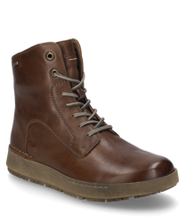 Die Stiefelette in der Farbe Castagne besteht aus glattem hellbraunem Leder und verfügt über eine markante Schnürung. Sie hat eine robuste Sohle die ideal für kühleres Wetter geeignet ist.