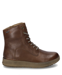 Die Stiefelette in der Farbe Castagne besteht aus glattem hellbraunem Leder und verfügt über eine markante Schnürung. Sie hat eine robuste Sohle die ideal für kühleres Wetter geeignet ist.