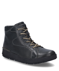 Die Stiefelette in der Farbe Granit besteht aus glattem robustem Leder und hat eine Schnürung als Verschluss. Sie zeichnet sich durch dezente Ziernähte und eine flache rutschfeste Sohle aus.