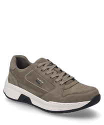 Grijze sneaker met veters gemaakt van hoogwaardig leer. De schoen kenmerkt zich door zijn robuuste zool en subtiele stiksels.