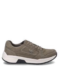 Grijze sneaker met veters gemaakt van hoogwaardig leer. De schoen kenmerkt zich door zijn robuuste zool en subtiele stiksels.