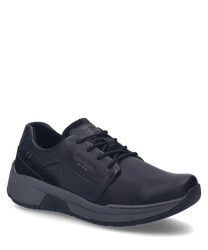 Der schwarze Sneaker besteht aus einem glatten Lederobermaterial mit Schnürung. Der Schuh hat eine robuste graue Sohle und dezente Ziernähte die dem Design Eleganz verleihen.