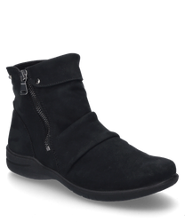 Die schwarze Stiefelette besteht aus einem glatten Material und besitzt einen praktischen Reißverschluss an der Seite. Der Schuh hat eine schlichte elegante Form und eignet sich ideal für den täglichen Gebrauch.