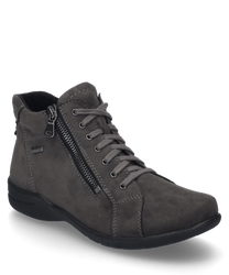 Il boot grigio grafite è realizzato in un materiale liscio e presenta una chiusura con lacci. Caratteristiche particolari sono la cerniera laterale e la discreta decorazione con cuciture.
